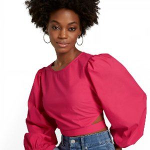 NY&C Tie-Back Puff-Sleeve Poplin Crop Top- Size L
